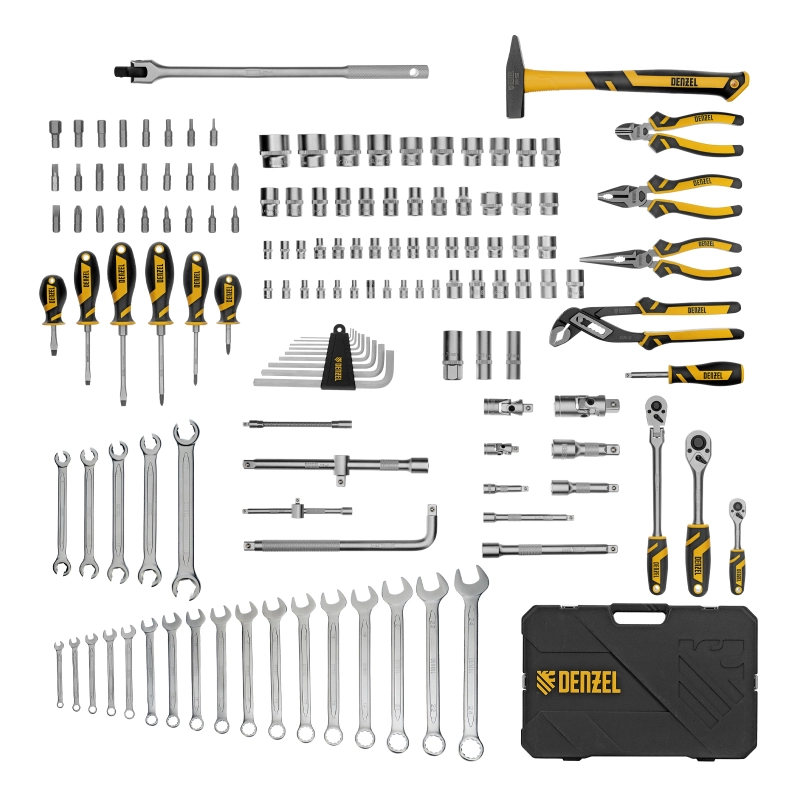 Набор инструментов, 1/2", 1/4", 3/8", CrV, S2, пластиковый кейс, 144 предмета Denzel (15805)
