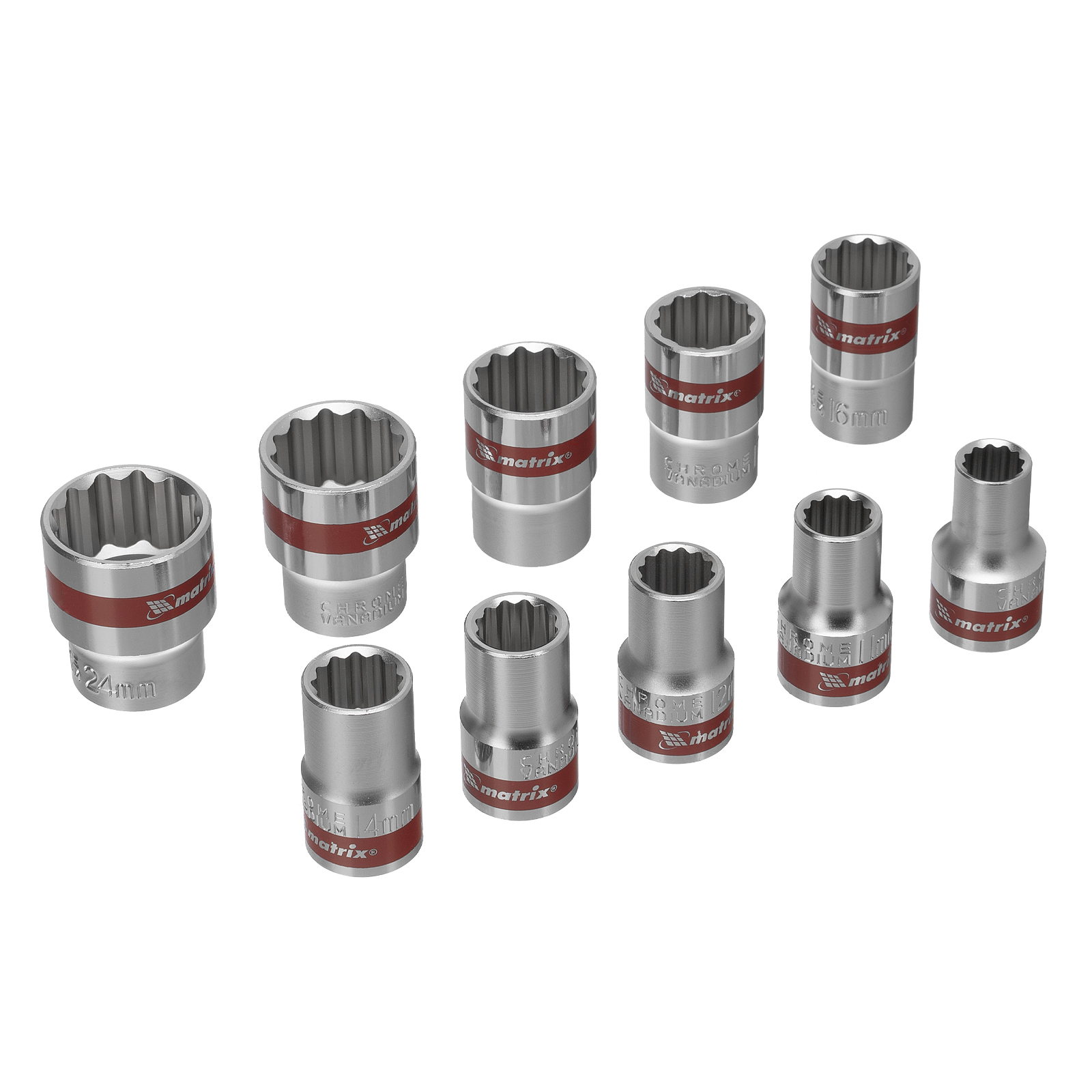 Набор торцевых головок, 1/2", 12 гранные, CrV, 10-24мм, 10 штук Matrix (13596)