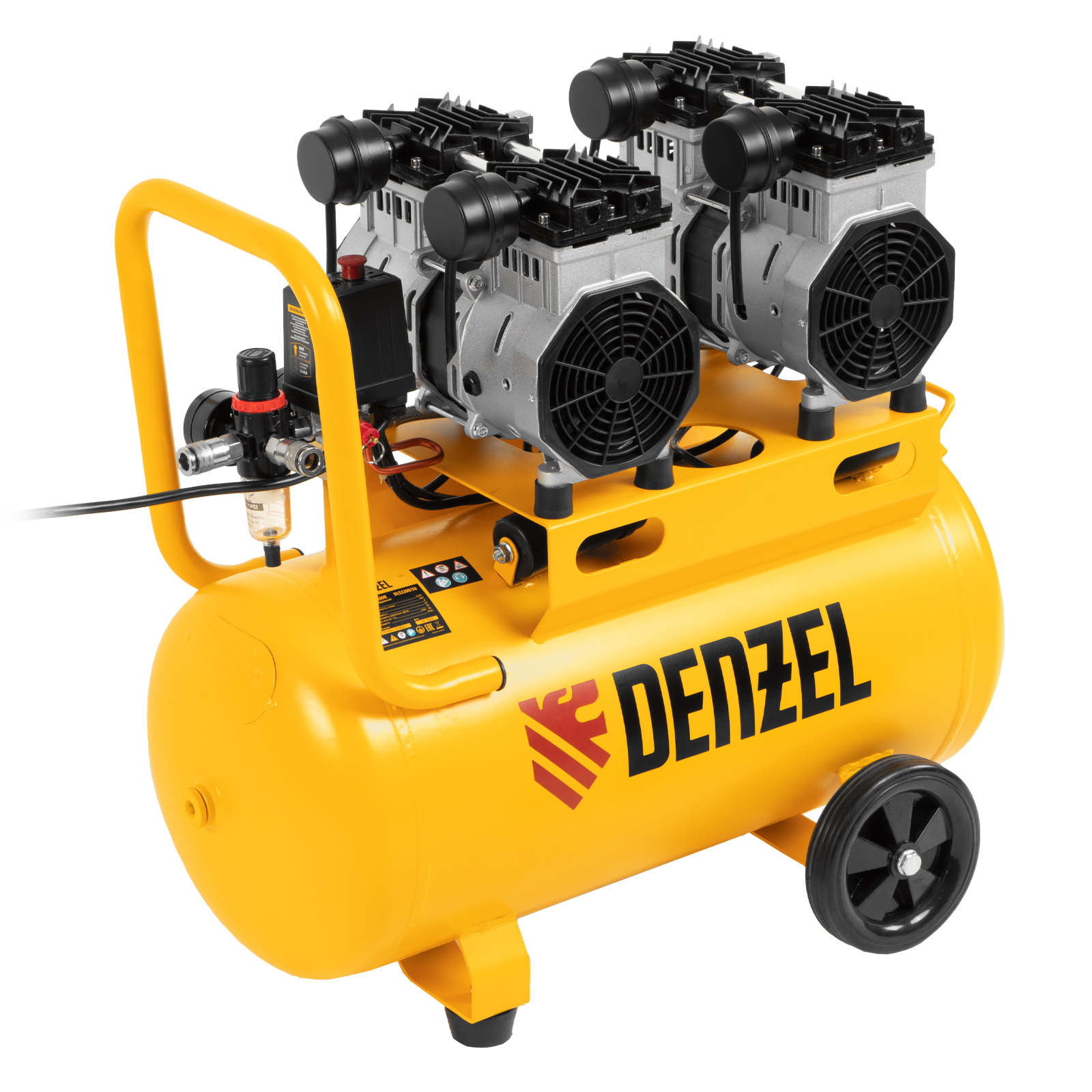 Компрессор безмасляный, малошумный DLS 2200/50, 2200 Вт, 2x1100, 50 л, 380 л/мин Denzel (58031)