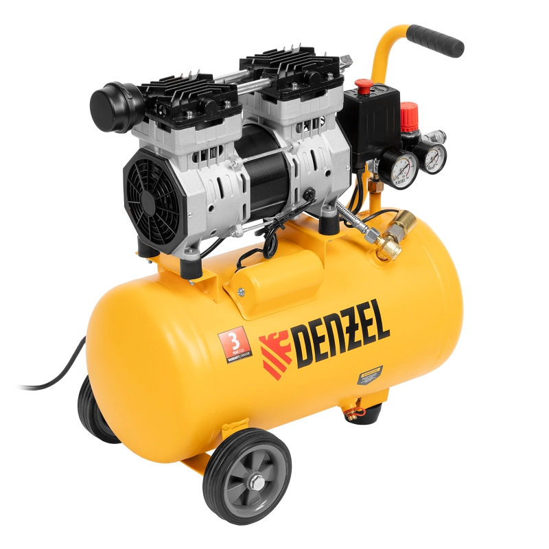 Компрессор DLS950/24 безмаслянный малошумный 950 Вт, 165 л/мин, ресивер 24 л Denzel (58026)
